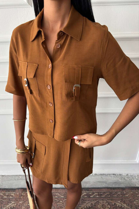 SHIRT+SKORT POCKETS DETAIL WOMEN SET BROWN/KAFE - 5