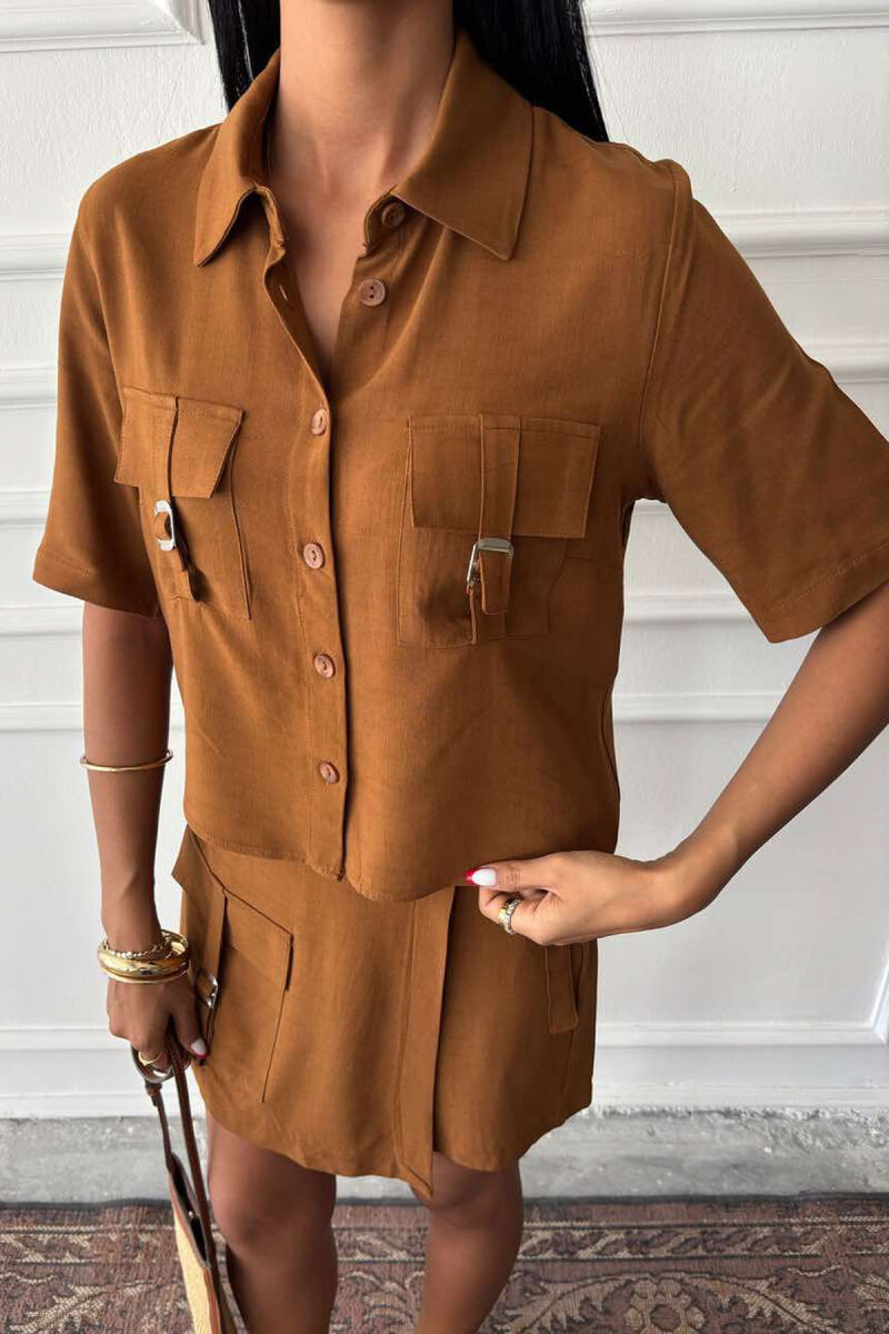 SHIRT+SKORT POCKETS DETAIL WOMEN SET BROWN/KAFE - 5
