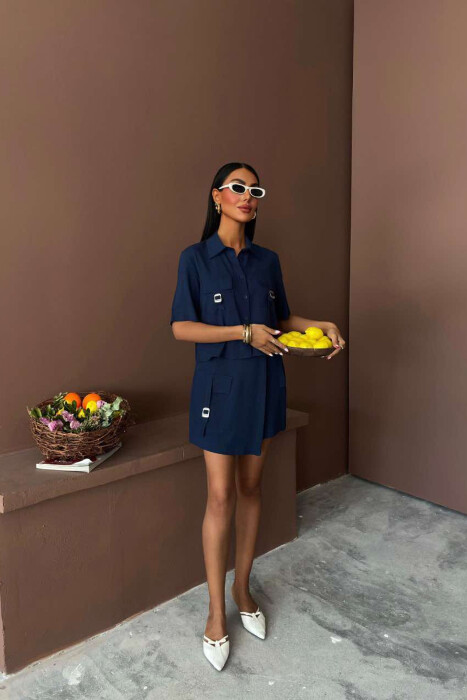 SHIRT+SKORT POCKETS DETAIL WOMEN SET DARK BLUE/BEE 