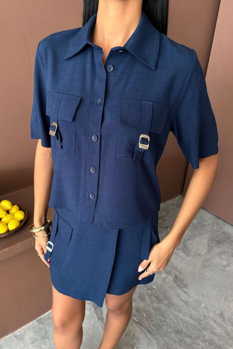 SHIRT+SKORT POCKETS DETAIL WOMEN SET DARK BLUE/BEE - 2