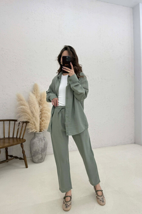 SHIRT+TROUSERS LACINGS ONE COLOR WOMEN SET GREEN/JESHILE - 1