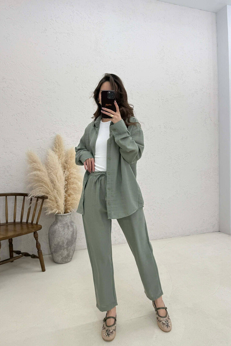 SHIRT+TROUSERS LACINGS ONE COLOR WOMEN SET GREEN/JESHILE - 1