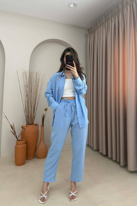 SET NJE NGJYRESH KEMISHE + PANTALLONA ME LIDHESE PER FEMRA NE NGJYRE BLU TE ZBARDHUR - KLAUDIO FASHION