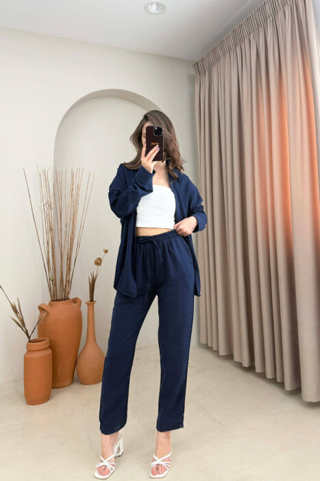 SHIRT+TROUSERS LACINGS ONE COLOR WOMEN SET MIDNIGHT BLUE/BLU MESNATE - 1