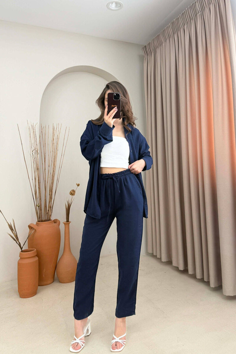 SHIRT+TROUSERS LACINGS ONE COLOR WOMEN SET MIDNIGHT BLUE/BLU MESNATE - 1