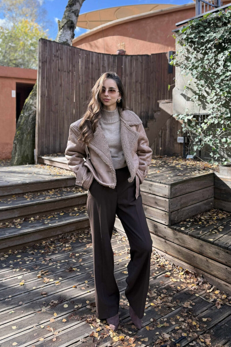 SHORT BELTED FLUFFY WOMEN JACKET BROWN/KAFE - 4