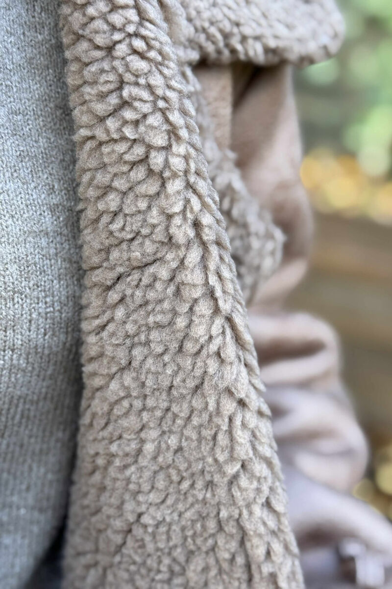 SHORT BELTED FLUFFY WOMEN JACKET BROWN/KAFE - 6