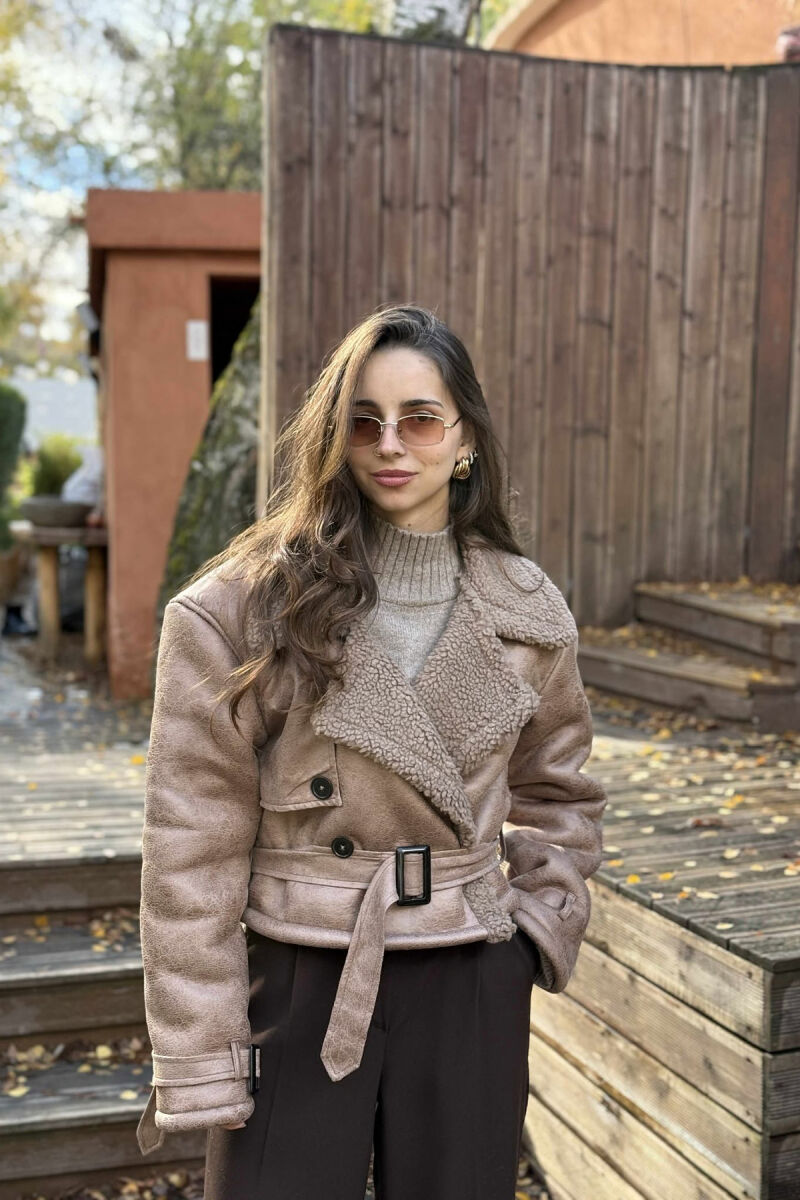 SHORT BELTED FLUFFY WOMEN JACKET BROWN/KAFE - 8