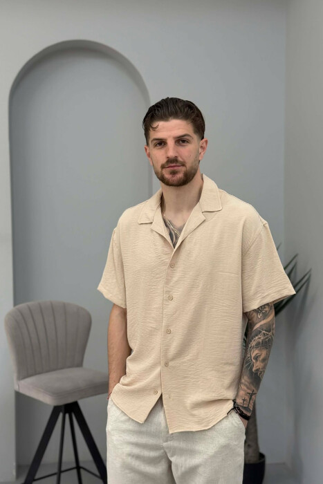 SHORT SLEEVE ONE COLOR MEN SHIRT BEIGE/BEZHE - KLAUDIO FASHION