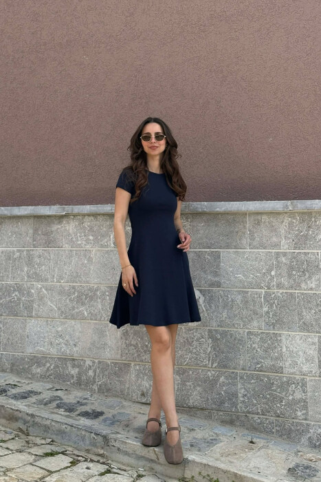 SHORT SLEEVE ONE COLOR WOMAN DRESS DARK BLUE/BEE - KLAUDIO FASHION