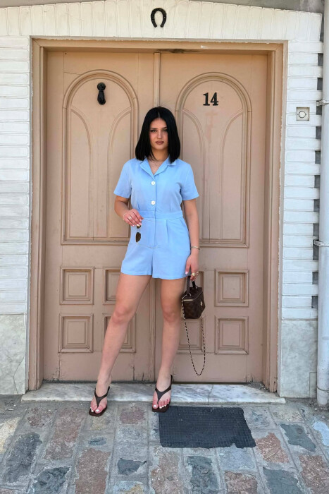 JUMPSUIT NJE NGJYRESH ME MENGE TE SHKURTRA PER FEMRA NE NGJYRE BLU TE ZBARDHUR - KLAUDIO FASHION