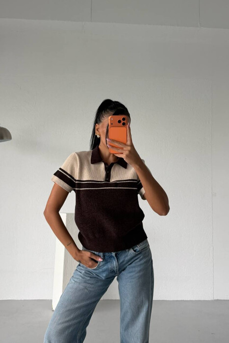 SHORT SLEEVE POLO BUTTONED NECK WOMEN SWEATER CREAM-BROWN/KRKA - KLAUDIO FASHION