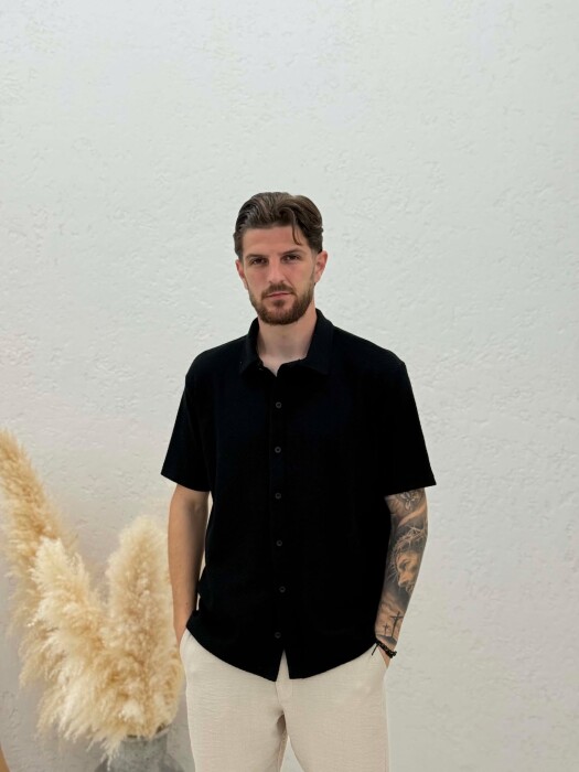 SHORT SLEEVE TEXTURED MEN SHIRT BLACK/ E ZEZE - KLAUDIO FASHION