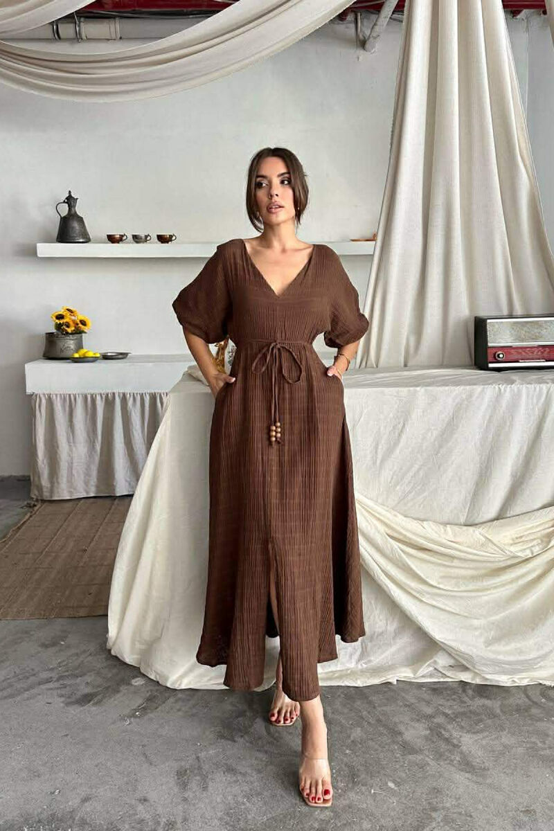 SHORT SLEEVE V-NECK LONG WOMAN DRESS BROWN/KAFE - 1