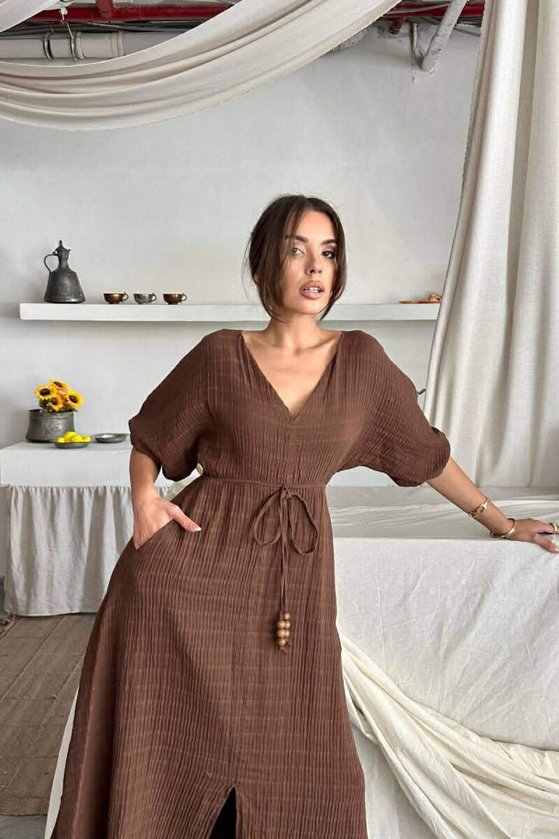 SHORT SLEEVE V-NECK LONG WOMAN DRESS BROWN/KAFE - 2