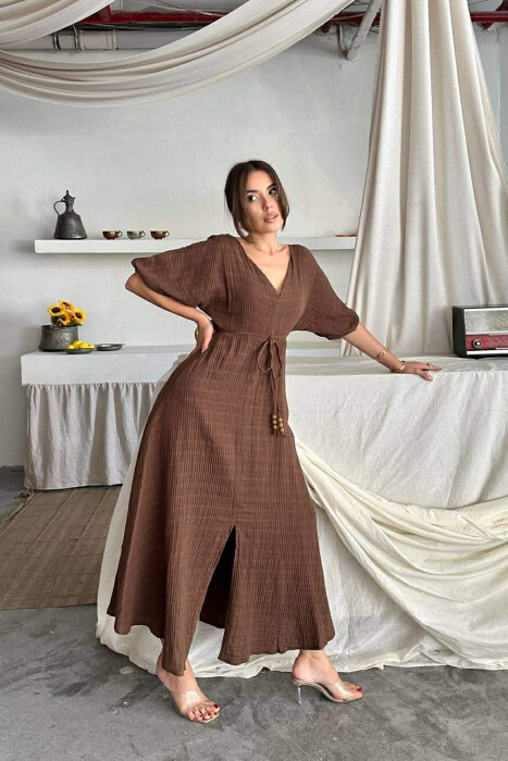 SHORT SLEEVE V-NECK LONG WOMAN DRESS BROWN/KAFE - 3