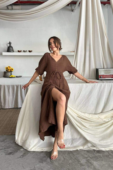 SHORT SLEEVE V-NECK LONG WOMAN DRESS BROWN/KAFE - 4