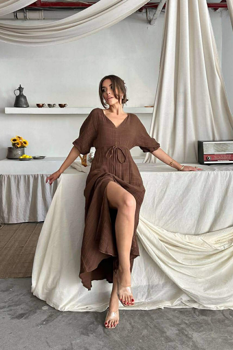 SHORT SLEEVE V-NECK LONG WOMAN DRESS BROWN/KAFE - 4