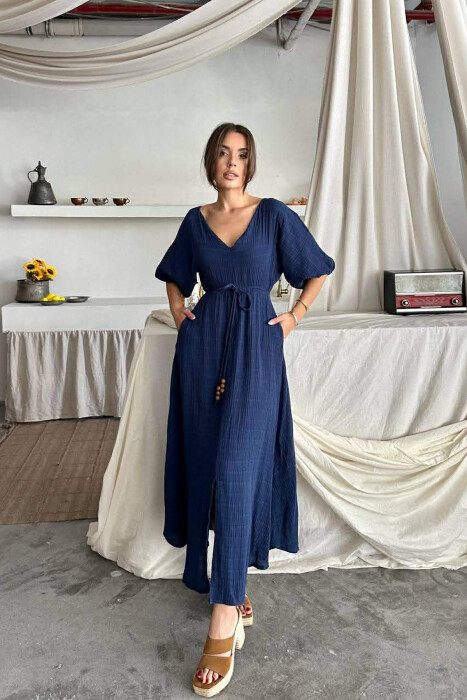 SHORT SLEEVE V-NECK LONG WOMAN DRESS DARK BLUE/BEE - 1