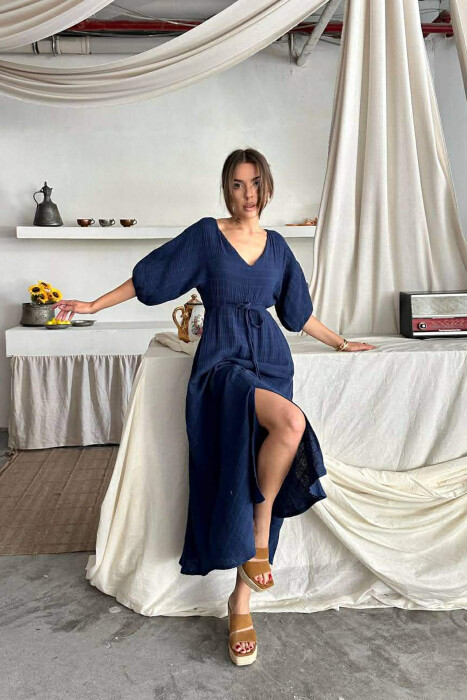 SHORT SLEEVE V-NECK LONG WOMAN DRESS DARK BLUE/BEE - 2