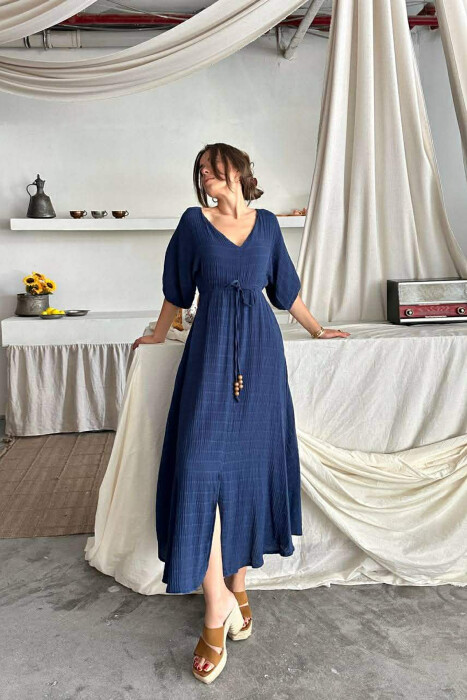 SHORT SLEEVE V-NECK LONG WOMAN DRESS DARK BLUE/BEE - 3