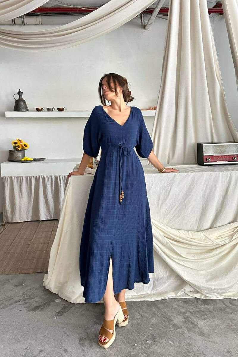 SHORT SLEEVE V-NECK LONG WOMAN DRESS DARK BLUE/BEE - 3
