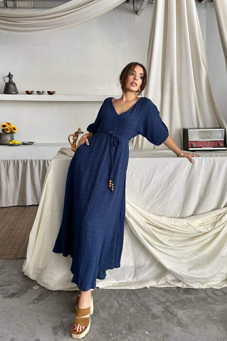 SHORT SLEEVE V-NECK LONG WOMAN DRESS DARK BLUE/BEE - 4