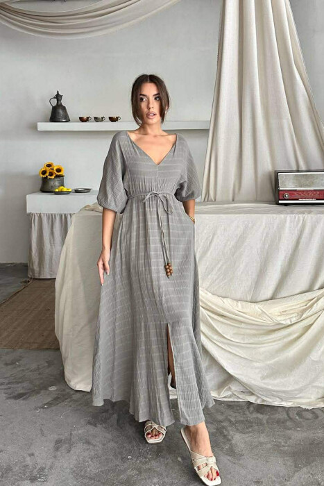 SHORT SLEEVE V-NECK LONG WOMAN DRESS GREY/GRI 