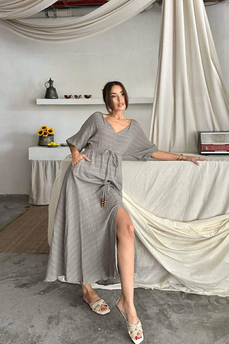 SHORT SLEEVE V-NECK LONG WOMAN DRESS GREY/GRI - 2
