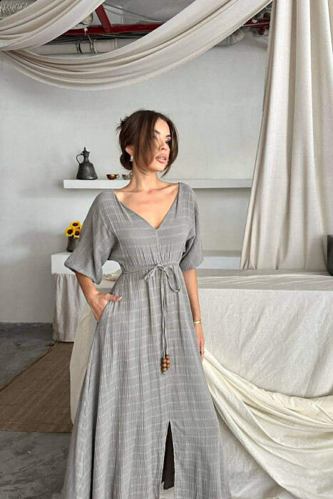 SHORT SLEEVE V-NECK LONG WOMAN DRESS GREY/GRI - 3