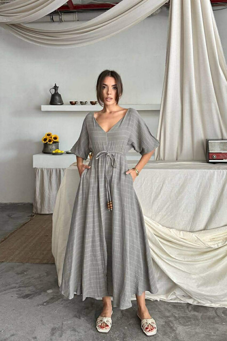 SHORT SLEEVE V-NECK LONG WOMAN DRESS GREY/GRI - 4