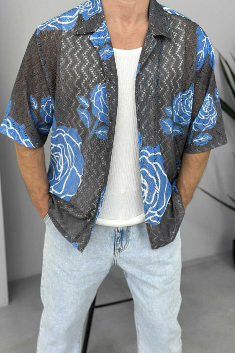 SHORT SLEEVES DESIGNED MEN SHIRT GREY-BLUE/ GRBL - 2