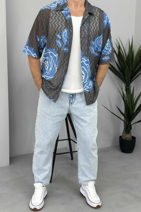 SHORT SLEEVES DESIGNED MEN SHIRT GREY-BLUE/ GRBL - 