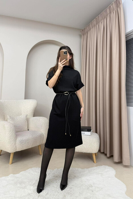 SHORT SLEEVES LACING DETAIL LONG WOMEN DRESS BLACK/ E ZEZE - 1