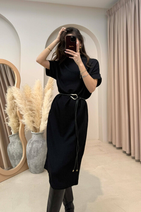 SHORT SLEEVES LACING DETAIL LONG WOMEN DRESS BLACK/ E ZEZE - 8