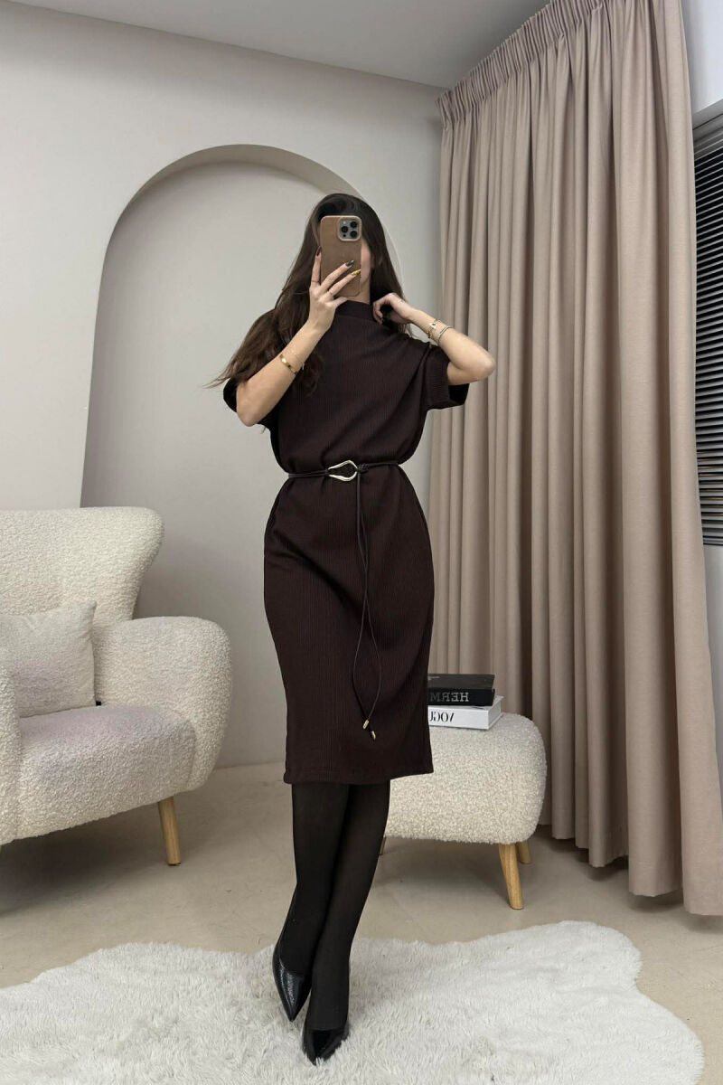 SHORT SLEEVES LACING DETAIL LONG WOMEN DRESS BROWN/KAFE - 1