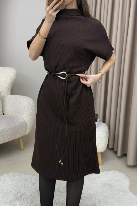 SHORT SLEEVES LACING DETAIL LONG WOMEN DRESS BROWN/KAFE - 3