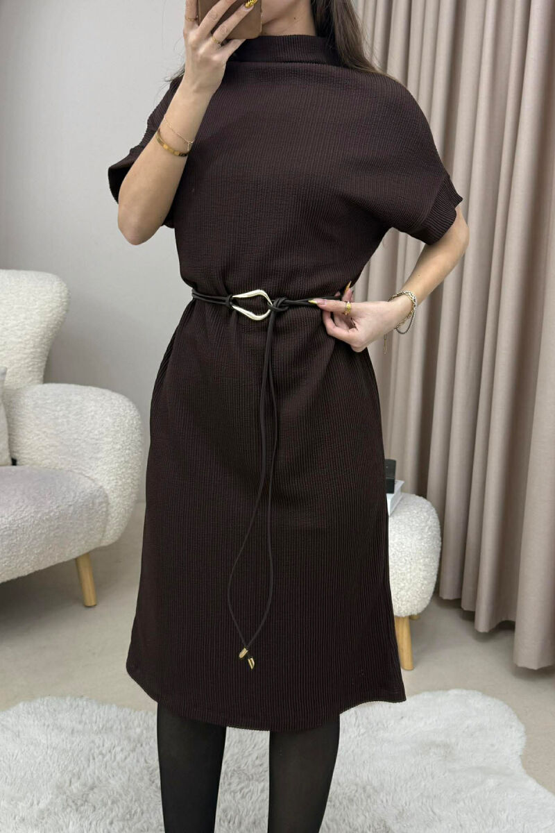 SHORT SLEEVES LACING DETAIL LONG WOMEN DRESS BROWN/KAFE - 3