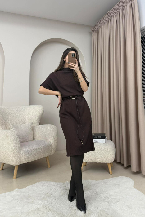 SHORT SLEEVES LACING DETAIL LONG WOMEN DRESS BROWN/KAFE - 7