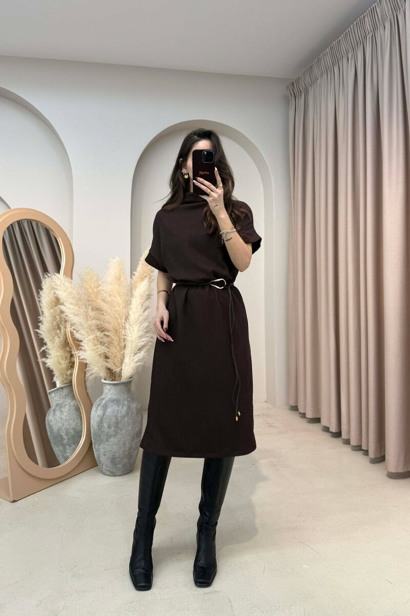 SHORT SLEEVES LACING DETAIL LONG WOMEN DRESS BROWN/KAFE - 2