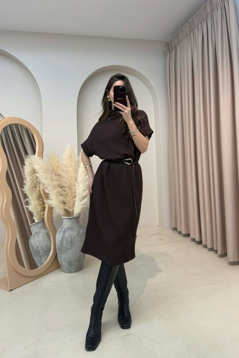 SHORT SLEEVES LACING DETAIL LONG WOMEN DRESS BROWN/KAFE - 4