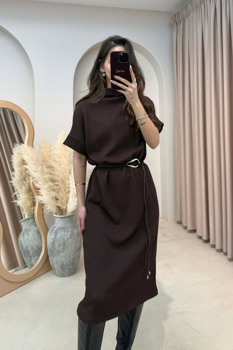 SHORT SLEEVES LACING DETAIL LONG WOMEN DRESS BROWN/KAFE - 6