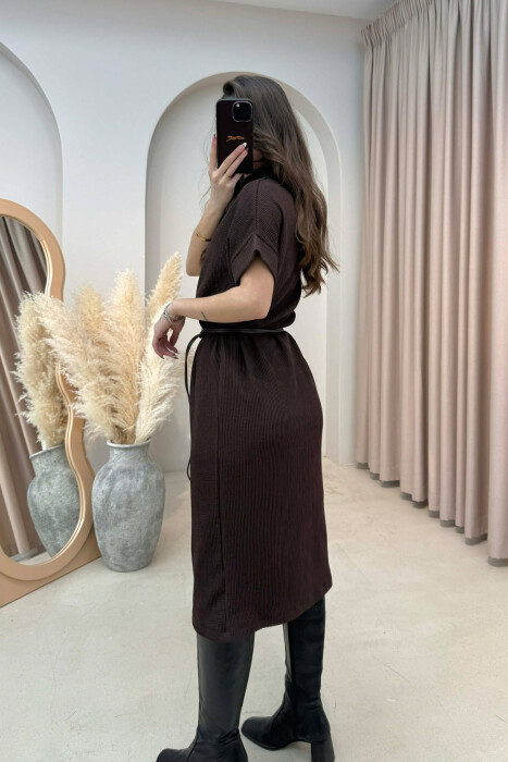 SHORT SLEEVES LACING DETAIL LONG WOMEN DRESS BROWN/KAFE - 8