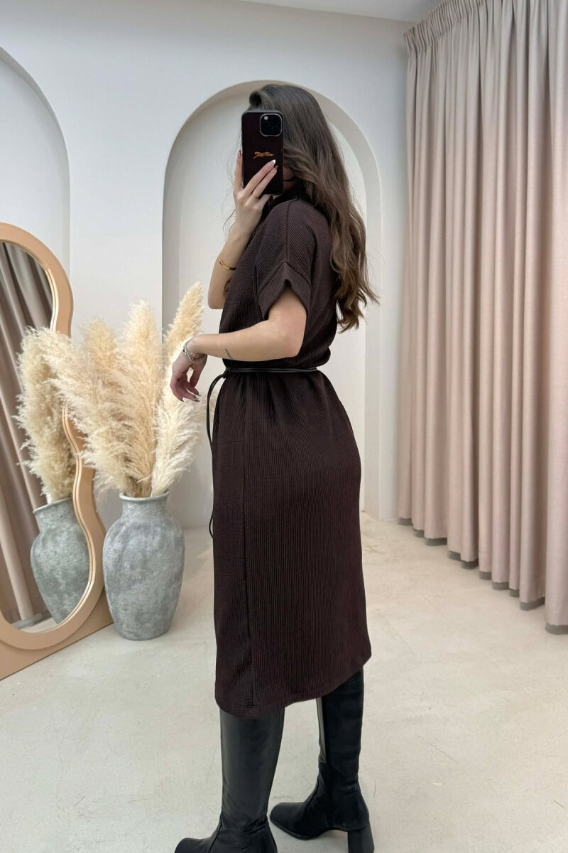SHORT SLEEVES LACING DETAIL LONG WOMEN DRESS BROWN/KAFE - 8