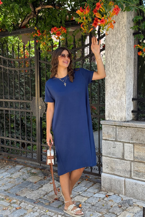 SHORT SLEEVES ROUND NECK ONE COLOR WOMEN DRESS BLUE/BLU - KLAUDIO FASHION