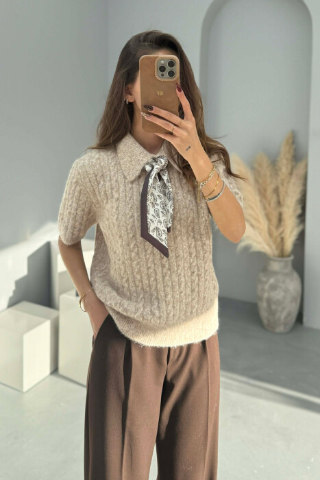 SHORT SLEEVES SCARF DETAIL WOMEN SWEATER BEIGE/BEZHE 