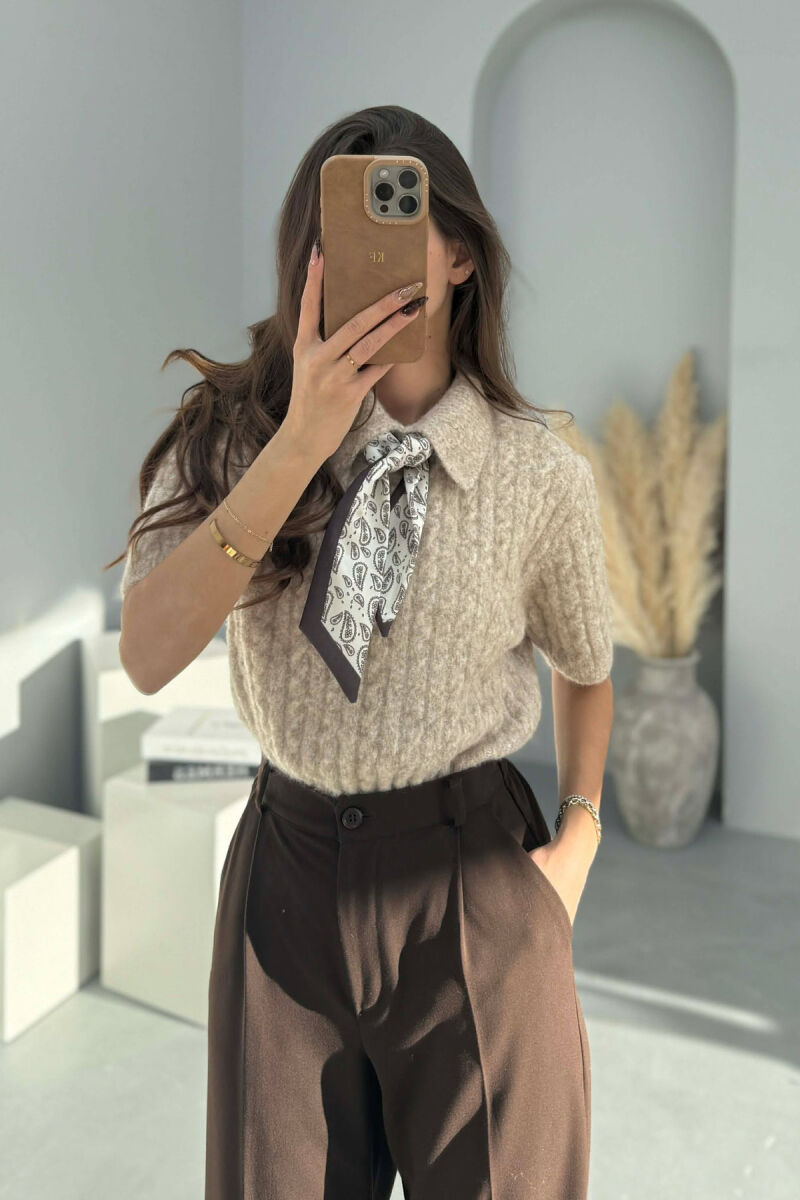 SHORT SLEEVES SCARF DETAIL WOMEN SWEATER BEIGE/BEZHE - 4