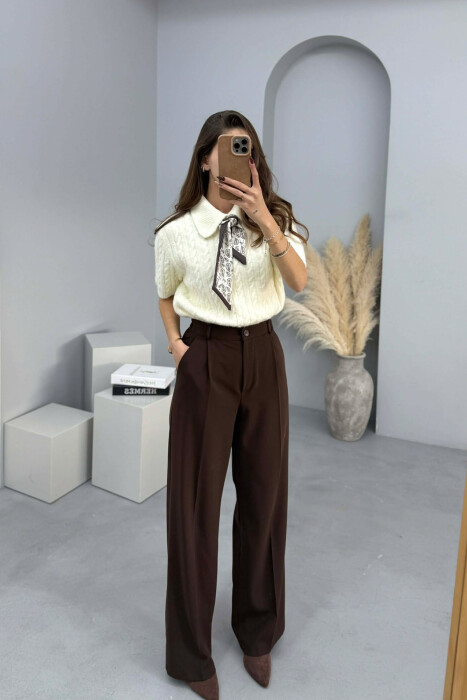 SHORT SLEEVES SCARF DETAIL WOMEN SWEATER CREAM/KREM 