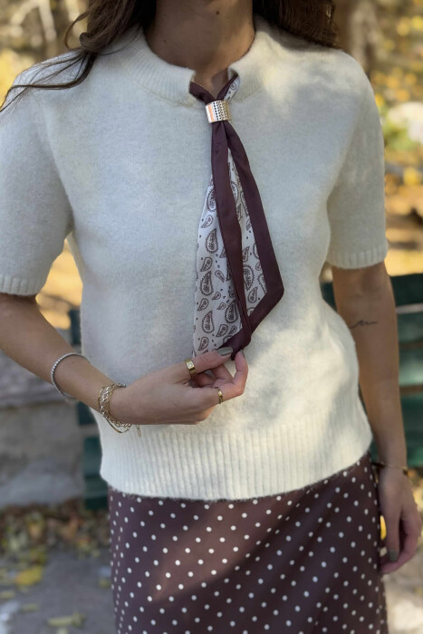 SHORT SLEEVES SCARF DETAIL WOMEN SWEATER CREAM/KREM - 5