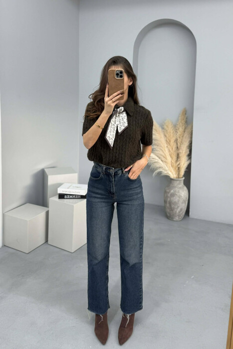 SHORT SLEEVES SCARF DETAIL WOMEN SWEATER DARK BROWN/KAE - KLAUDIO FASHION